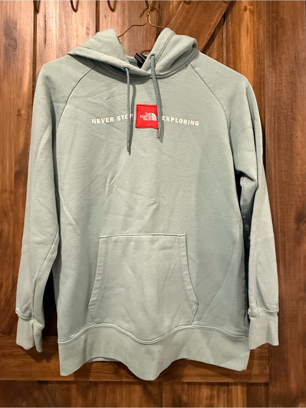 The North Face light Teal- Green Hoodie with Red Logo Patch - Picture 4 of 7